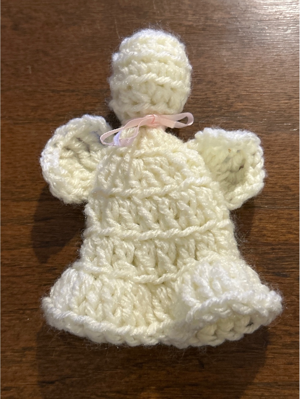 Hand Crochet Small Angel Ornament in Cream with Pink Ribbon